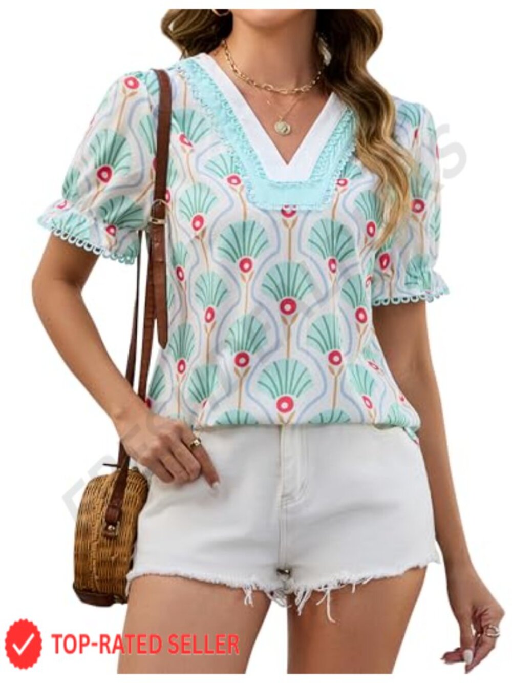 Womens Blouse Puff Short Sleeve V Neck Ruffle Floral Dressy Casual Top